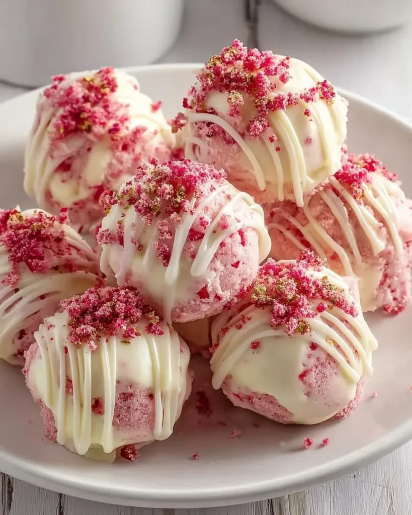 A close-up of delicious Strawberry Shortcake Truffles on a white plate, drizzled with white chocolate and topped with pink crumbs and gold dust.