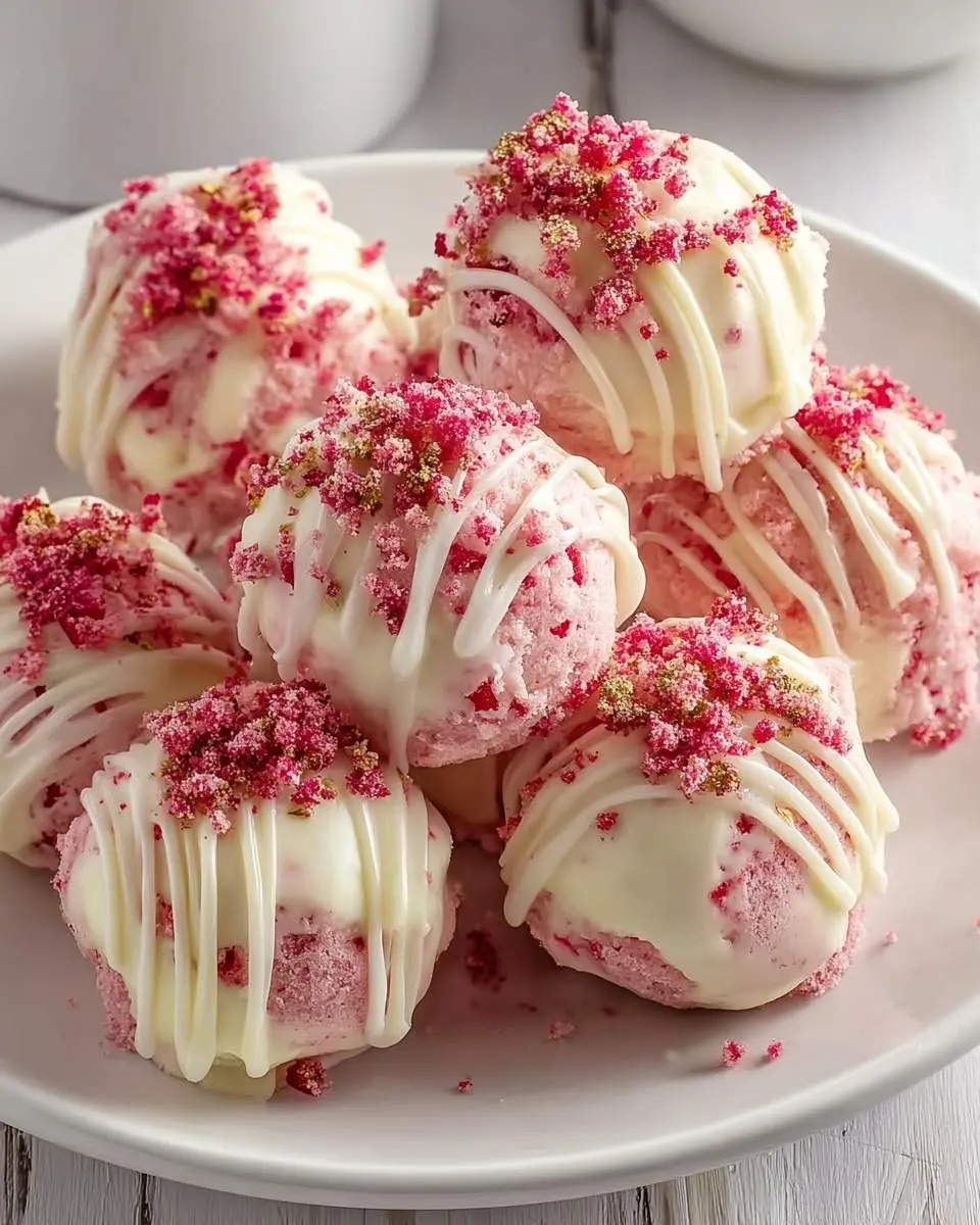 Strawberry Shortcake Truffles 4 A close-up of delicious Strawberry Shortcake Truffles on a white plate, drizzled with white chocolate and topped with pink crumbs and gold dust.
