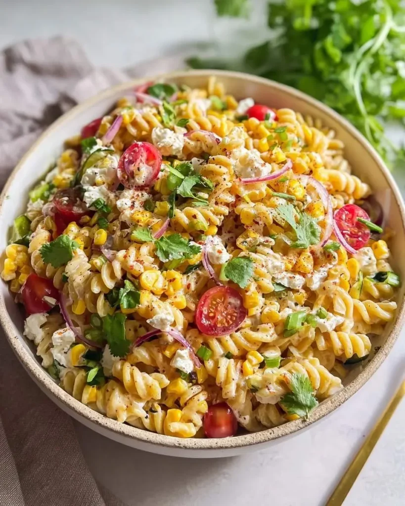 A vibrant bowl of street corn pasta salad featuring spiral pasta, golden corn, halved cherry tomatoes, red onion, cilantro, and crumbled cheese.