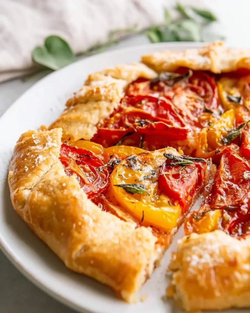 A delicious slice of homemade Tomato Galette Recipe on a white plate, showcasing vibrant red and yellow tomatoes with fresh herbs.