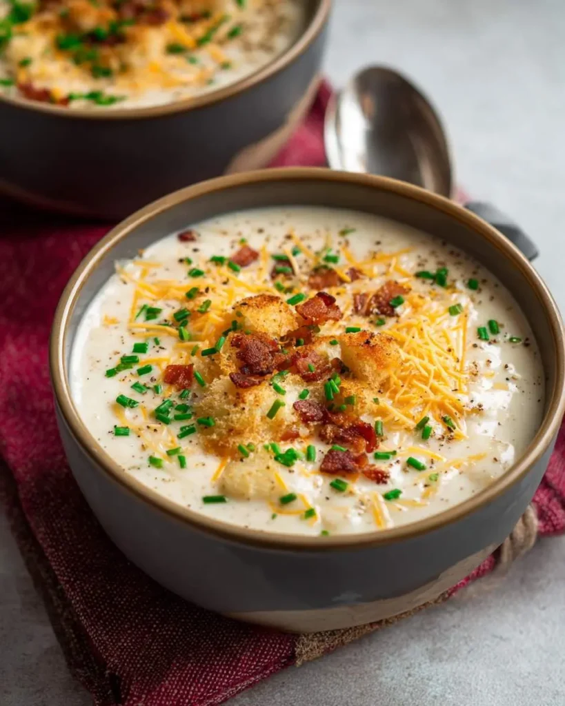 A close-up shot of a creamy bowl of twice baked potato soup, garnished with shredded cheddar cheese, crispy bacon, croutons, and fresh chives.