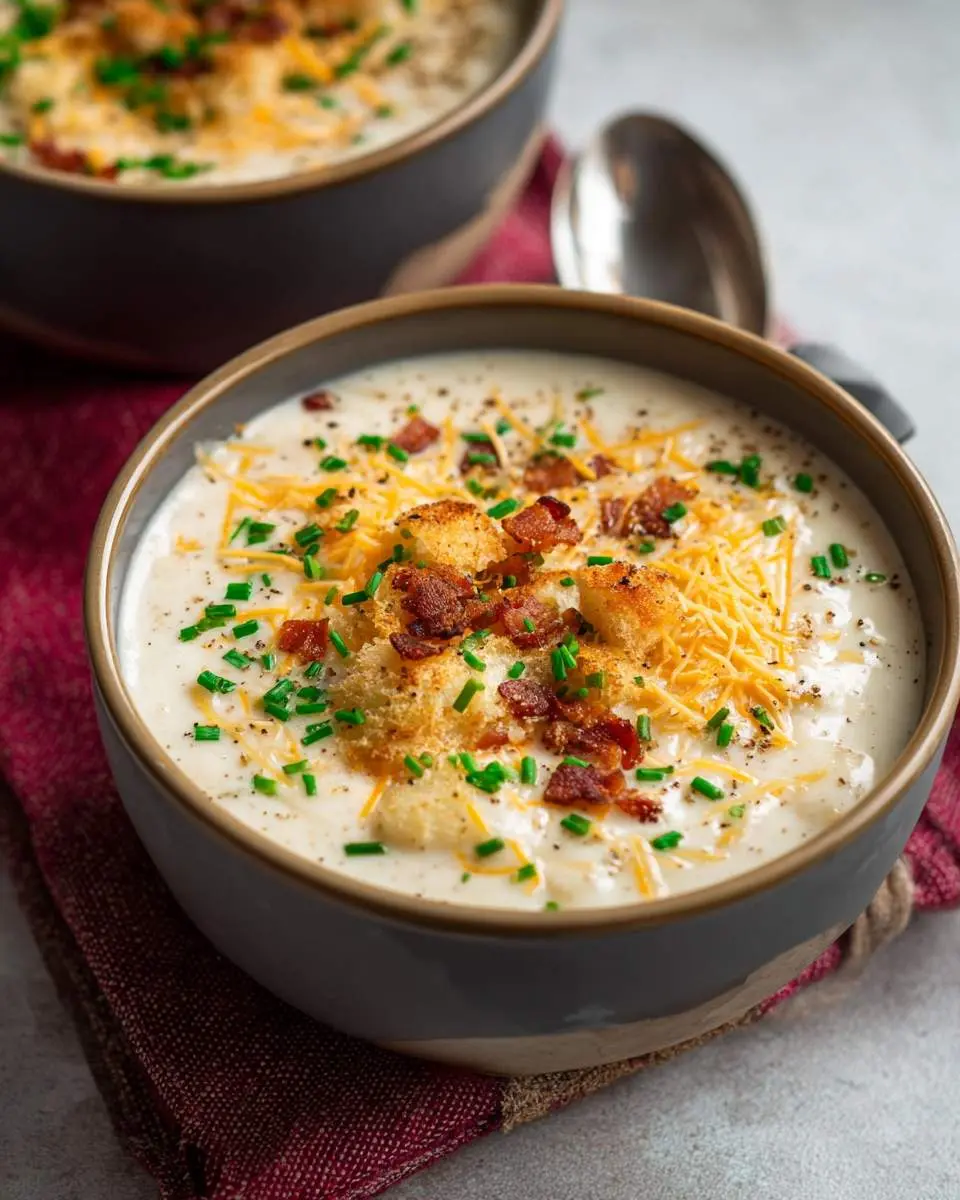 twice baked potato soup 4 A close-up shot of a creamy bowl of twice baked potato soup, garnished with shredded cheddar cheese, crispy bacon, croutons, and fresh chives.