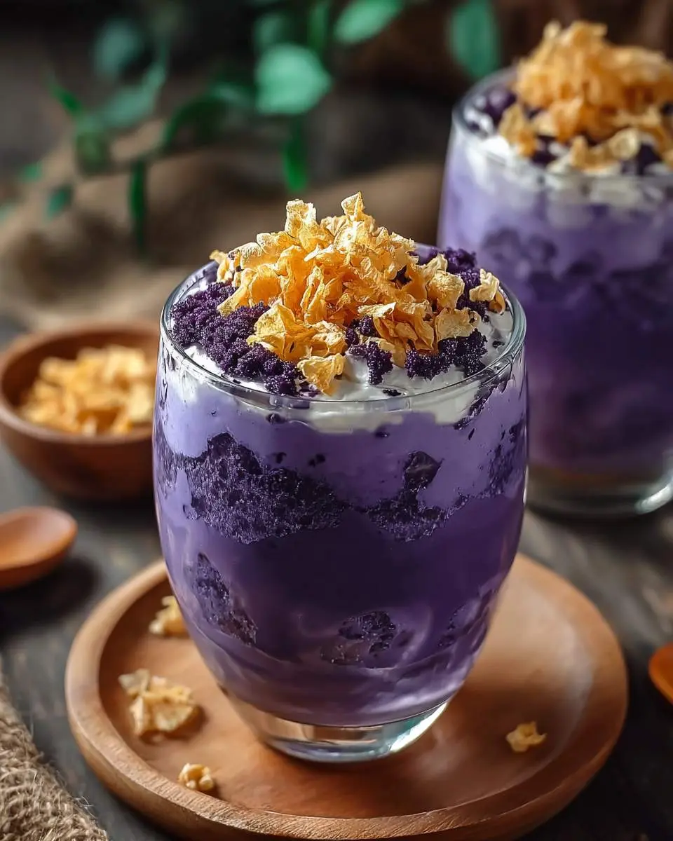 Ube champorado 4 A close-up of a glass of vibrant purple Ube champorado topped with white cream and crunchy golden flakes on a wooden tray.