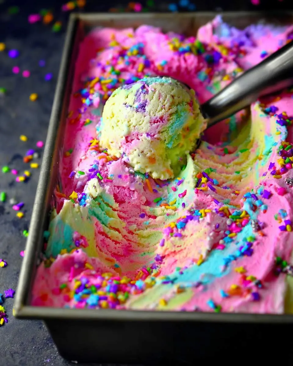 Unicorn Ice Cream 4 A metal pan holds vibrant, swirled Unicorn Ice Cream with rainbow sprinkles, an ice cream scoop lifts a colorful serving.