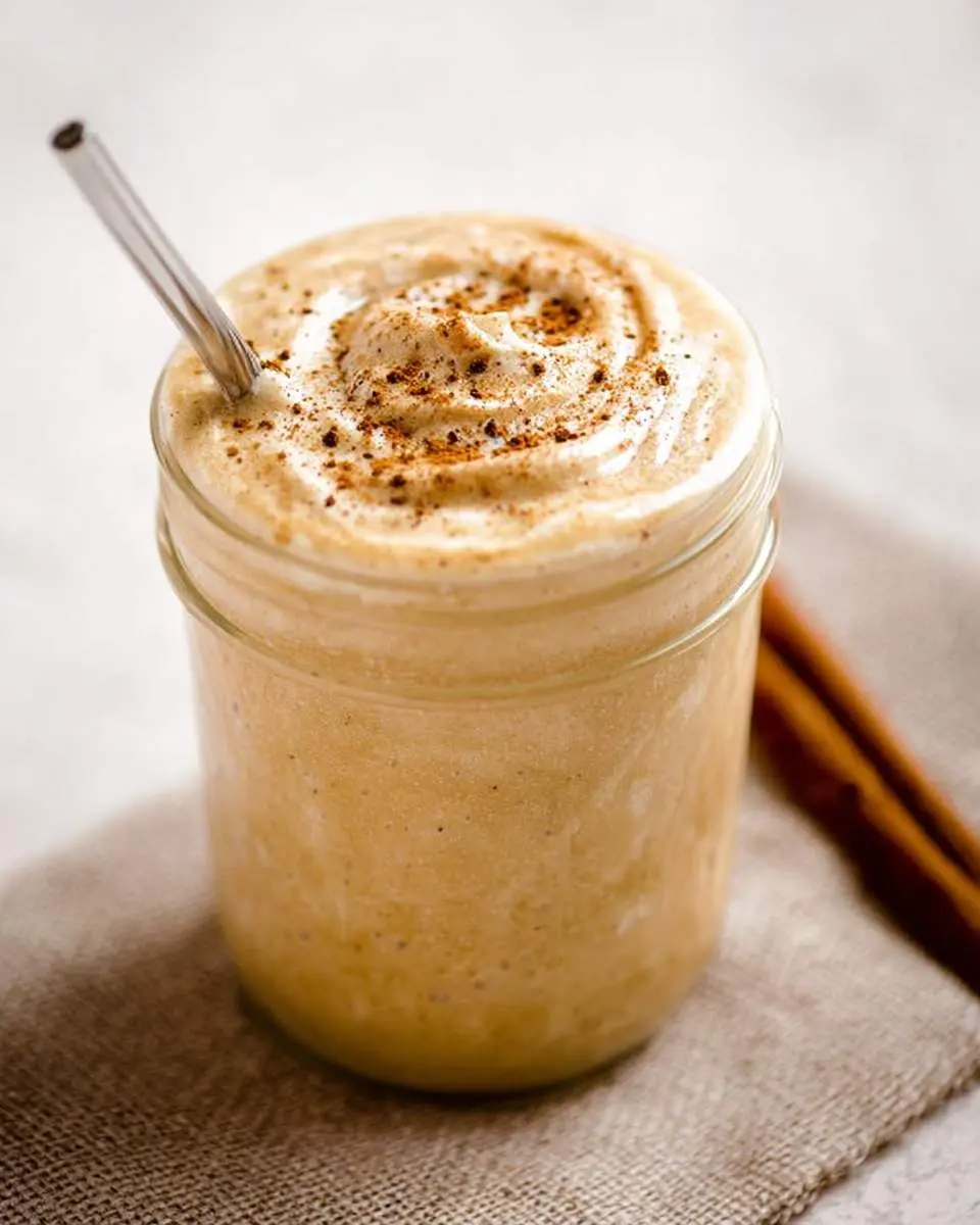 Vanilla Chai Smoothie 4 A creamy Vanilla Chai Smoothie in a glass jar, topped with cinnamon spice and served with a metal straw on a rustic cloth.