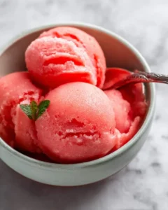 Close-up of vibrant pink watermelon sorbet scoops in a light green bowl with a mint garnish, perfect for a refreshing Watermelon Sorbet Recipe.