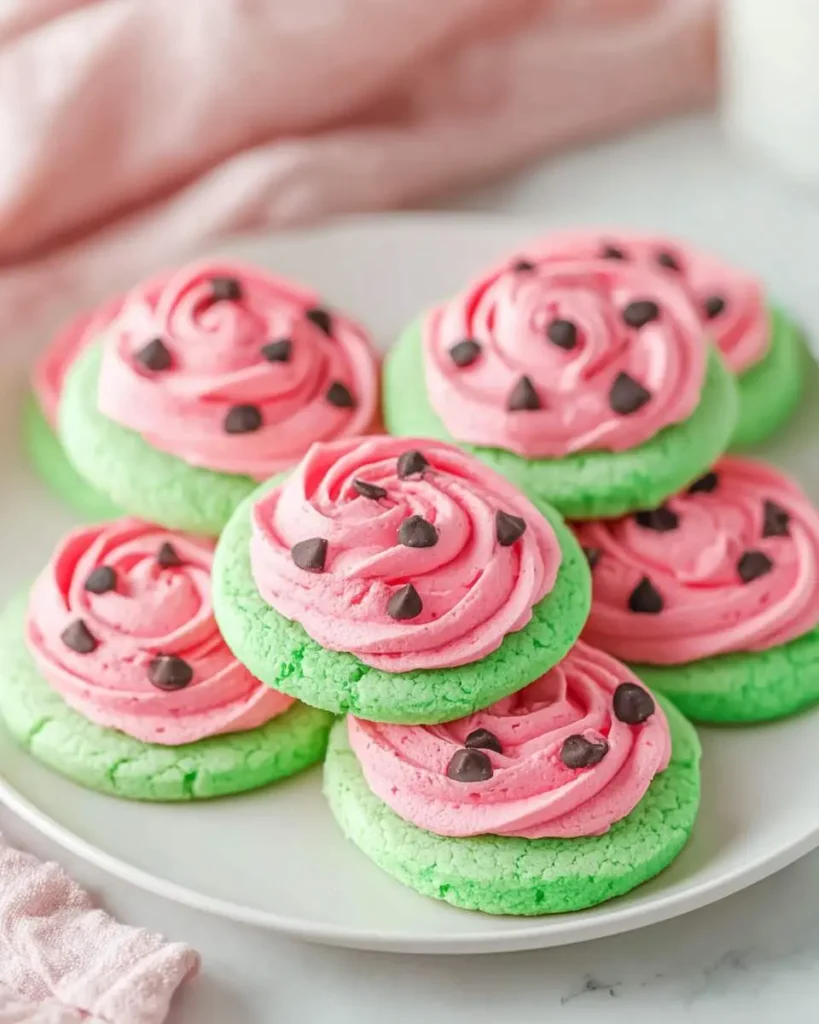 A plate of vibrant green and pink Watermelon Sugar Cookies topped with chocolate chip 'seeds' and swirled frosting.