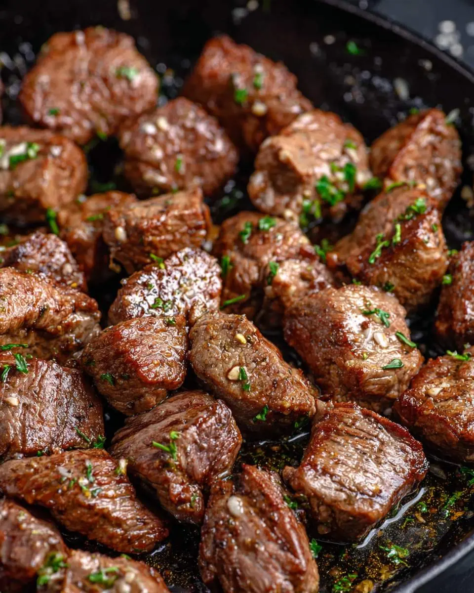 Air Fryer Steak Bites 4 Golden brown Air Fryer Steak Bites sizzling in a cast iron skillet, garnished with fresh herbs and garlic.