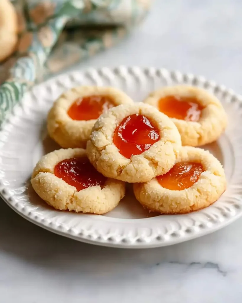 Five apricot cookies with jam centers arranged on a white decorative plate.