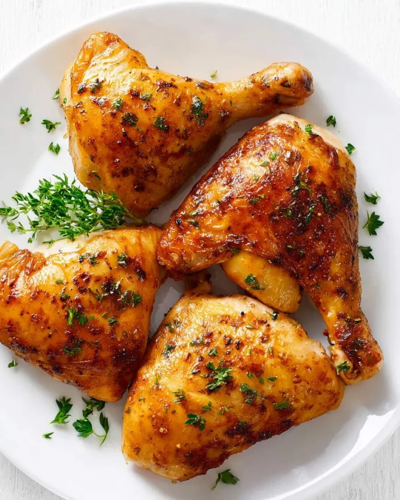 Four golden brown baked chicken leg quarters arranged on a white plate, garnished with fresh herbs.