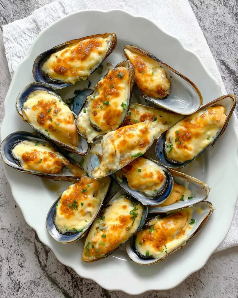 Baked mussels with mayonnaise recipe served on a white plate, topped with golden melted cheese and fresh herbs.