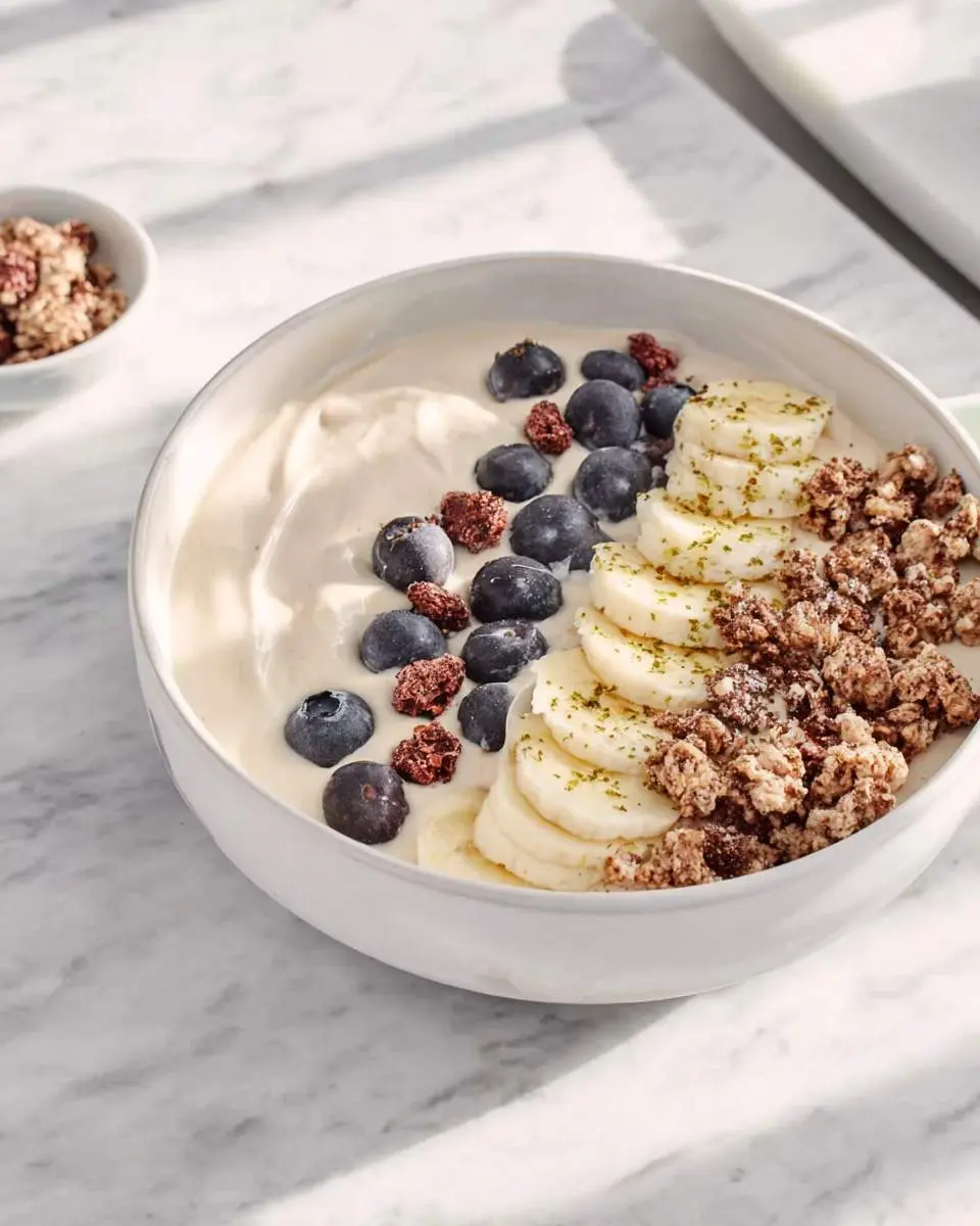 Banana Smoothies Recipes Bowl 4 A creamy banana smoothies recipes bowl topped with fresh blueberries, sliced bananas, granola, and dried berries on a marble surface.
