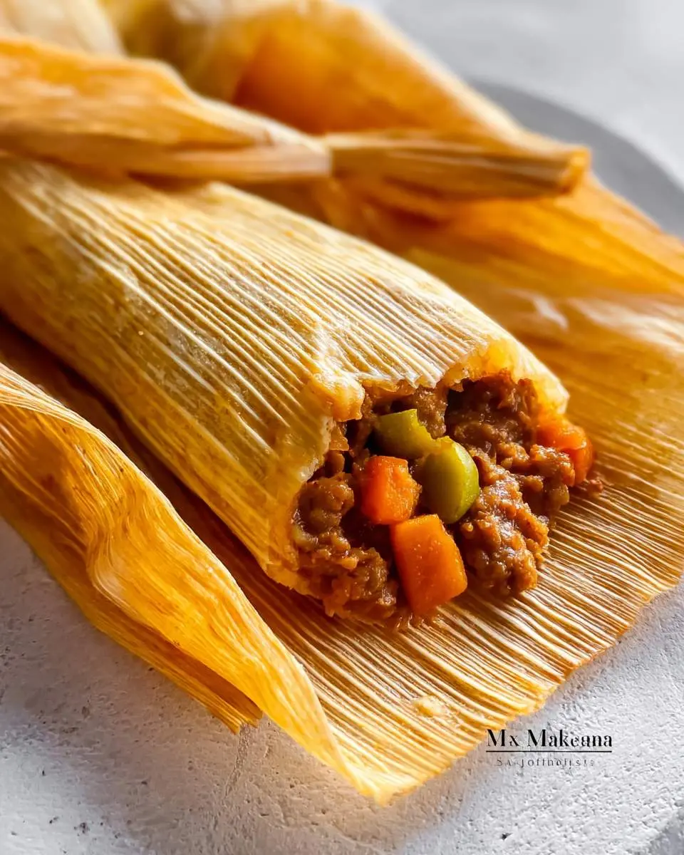 Beef Tamales 4 Homemade beef tamales wrapped in corn husks, one opened to show savory filling with vegetables.