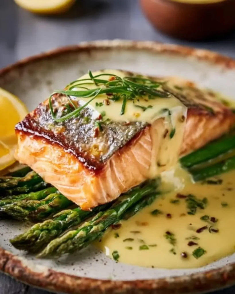 Pan-seared salmon fillet topped with creamy Beurre Blanc Sauce, served over roasted asparagus with fresh herbs.