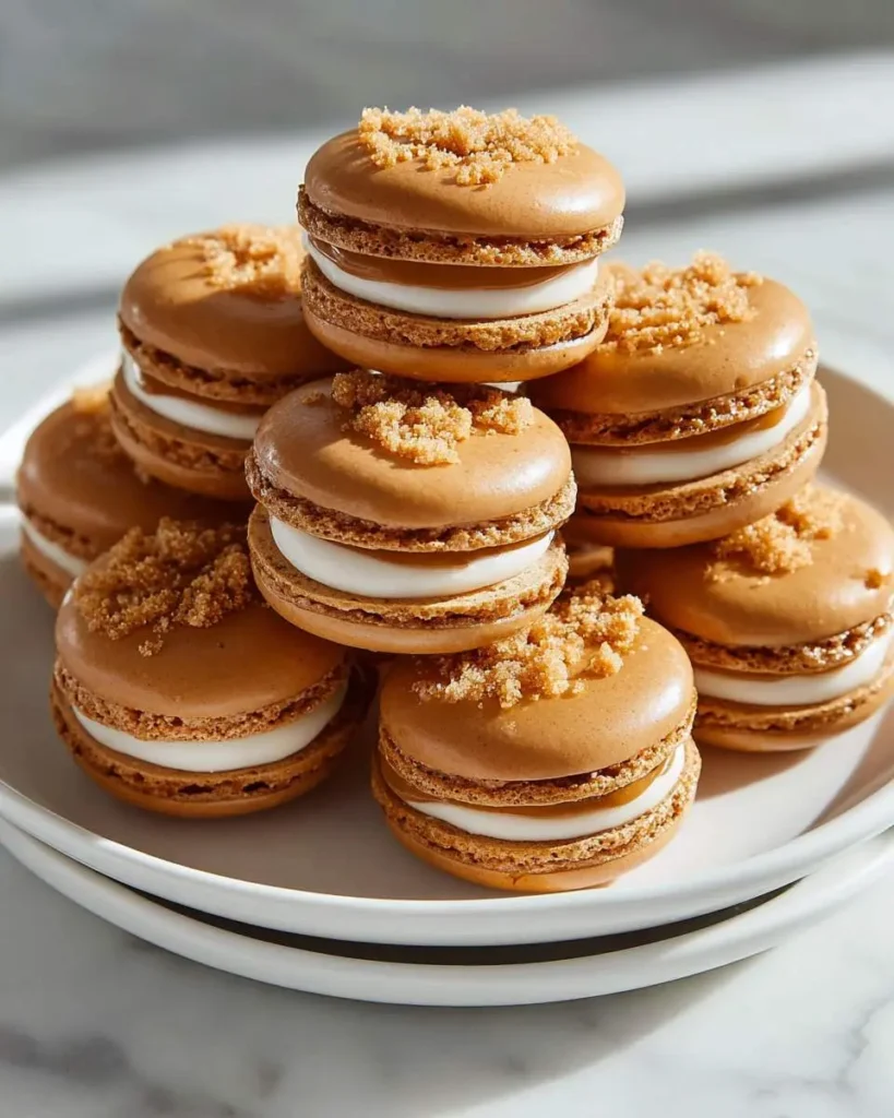 Stack of Biscoff Cookie Butter Macarons with crumb topping on a white plate.