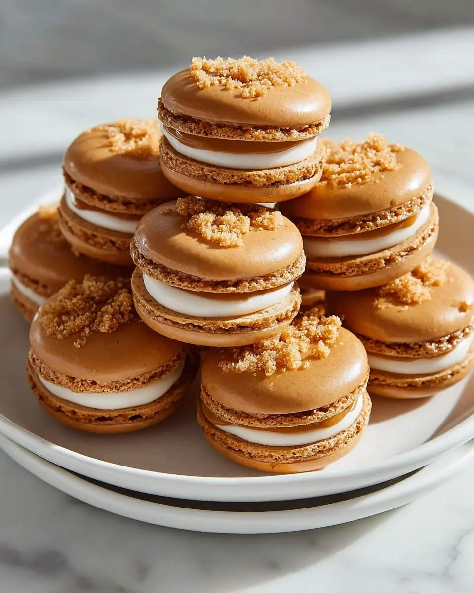 Biscoff Cookie Butter Macarons 4 Stack of Biscoff Cookie Butter Macarons with crumb topping on a white plate.