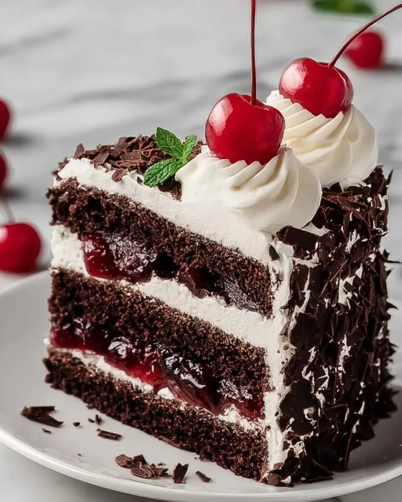 A decadent slice of Black Forest Cake with chocolate layers, whipped cream, cherries, and chocolate shavings on a white plate.
