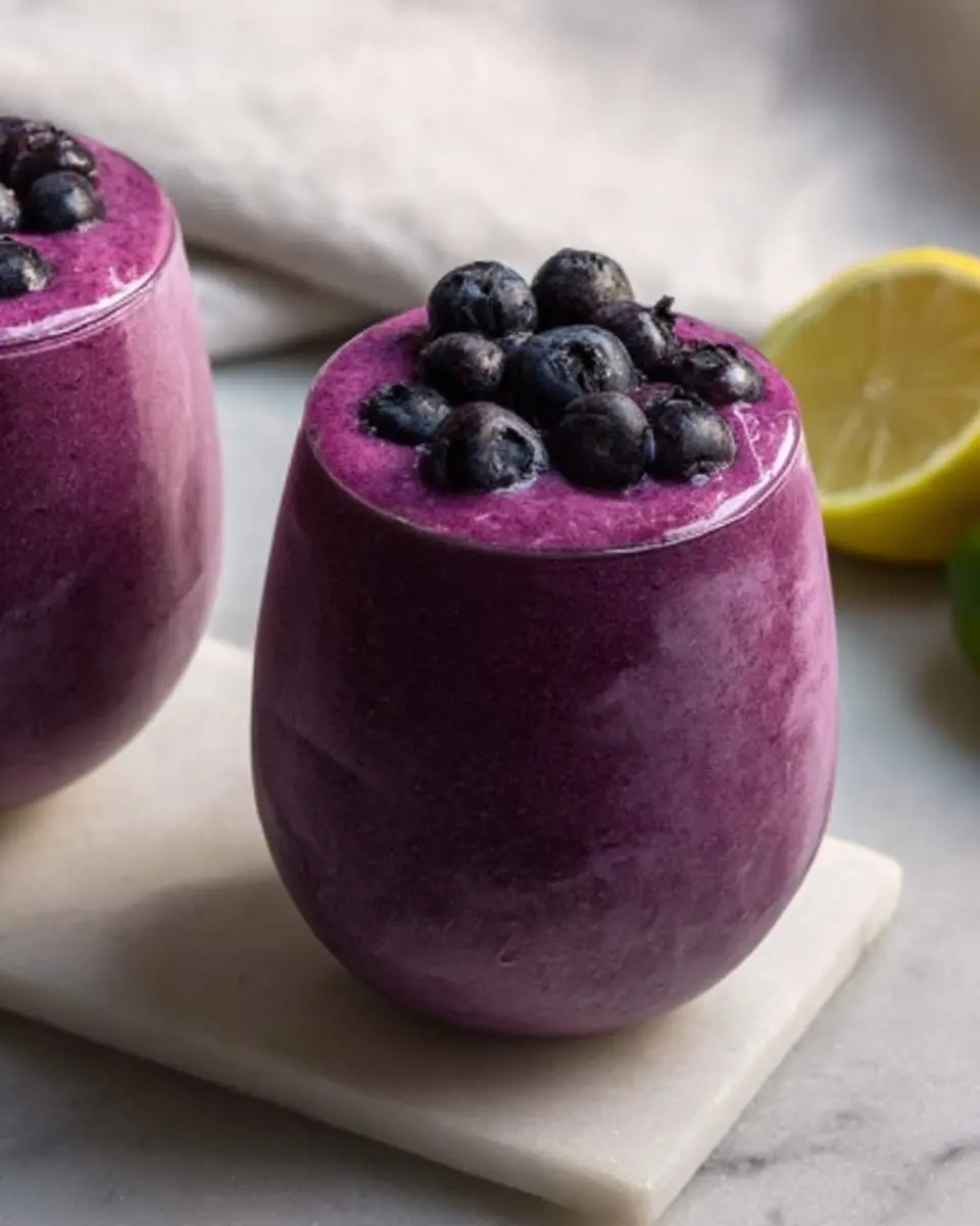 Two glasses of thick purple Blueberry Avocado Smoothie topped with fresh blueberries, with lemon in background.