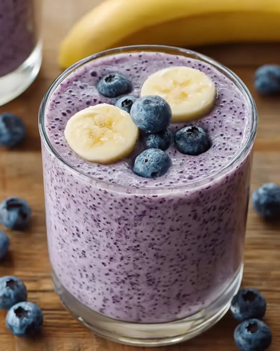 A glass of Blueberry Banana Smoothie topped with fresh blueberries and banana slices on a wooden surface.