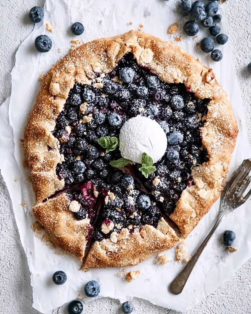 A rustic Blueberry Galette with Pie Crust topped with vanilla ice cream and fresh mint, served on parchment paper.