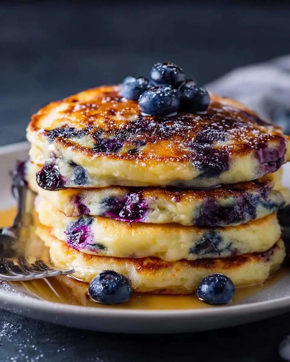 blueberry pancakes 4 Stack of golden blueberry pancakes topped with fresh blueberries, powdered sugar, and maple syrup on a plate.