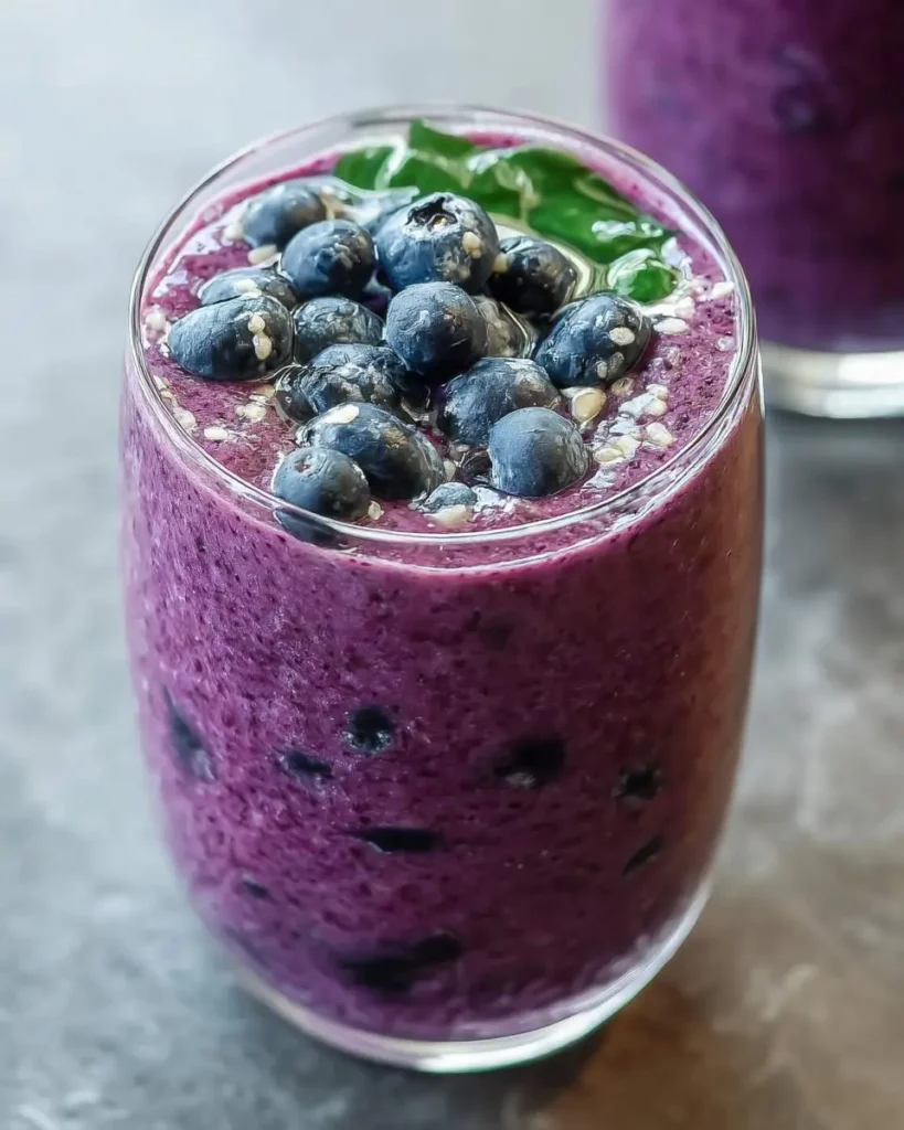 A glass filled with a thick purple Blueberry Spinach Protein Smoothie topped with fresh blueberries, spinach leaves, and seeds.