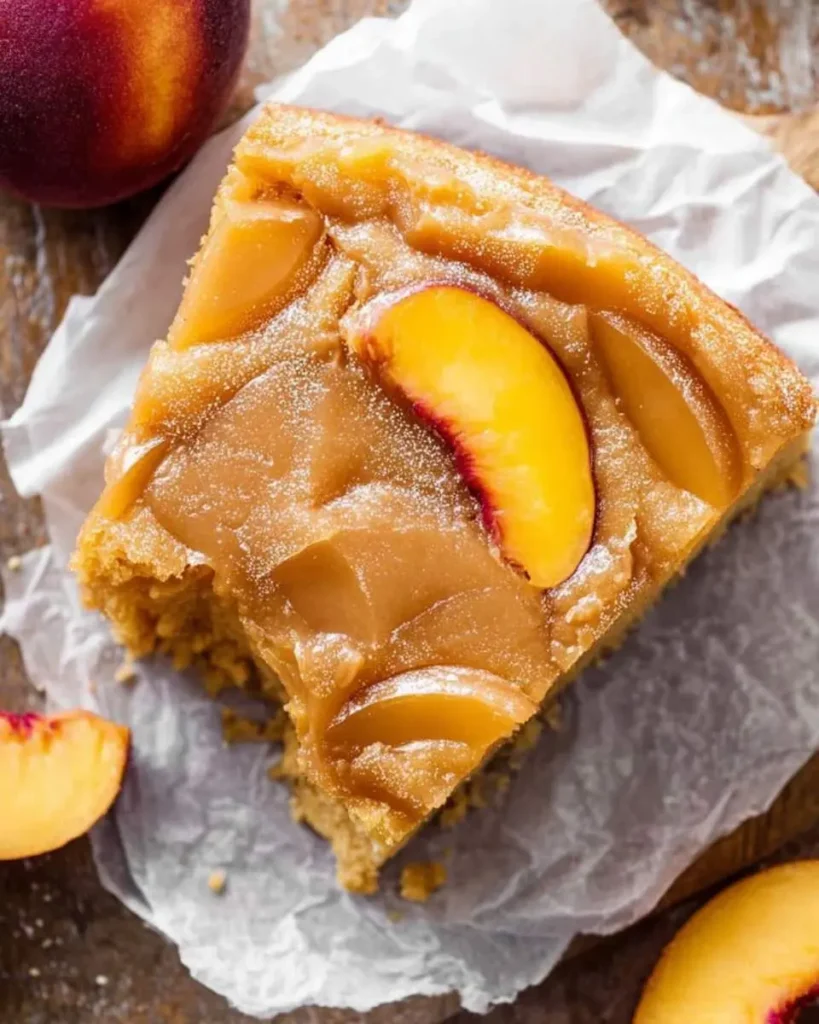 A slice of Brown Sugar Peach Cake topped with caramelized peaches and a dusting of sugar on parchment paper.
