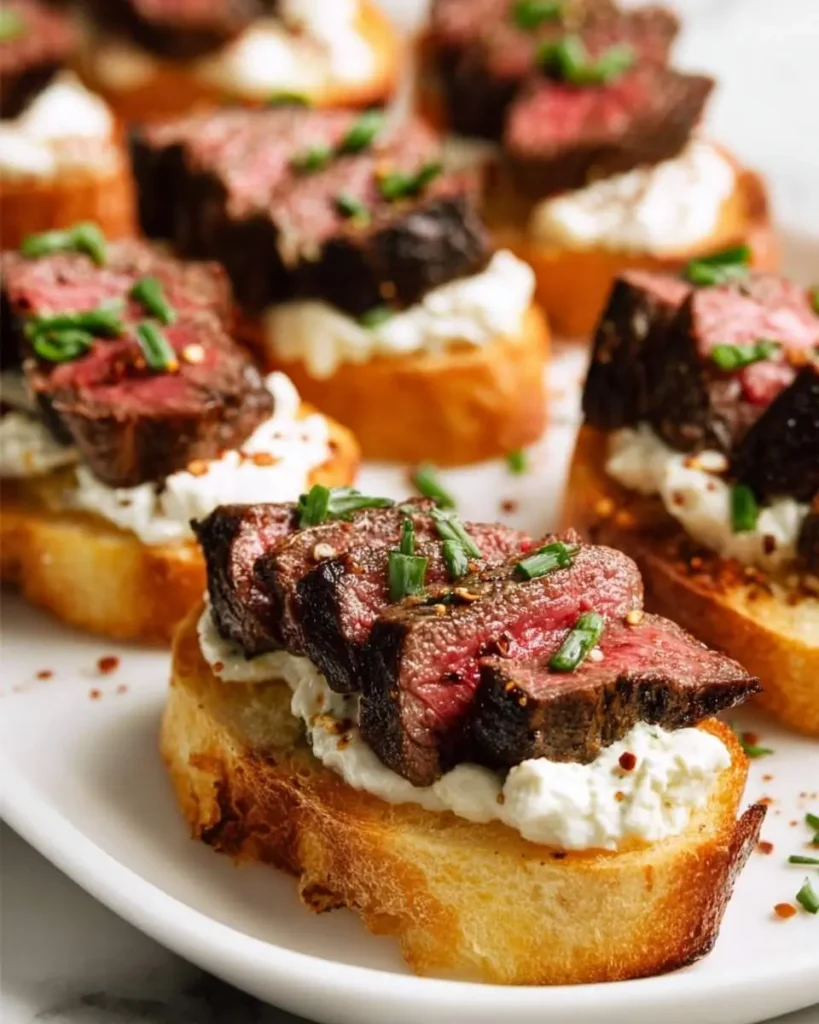 Burrata Steak Crostini Appetizers with seared beef, creamy cheese, and fresh chives on toasted bread.
