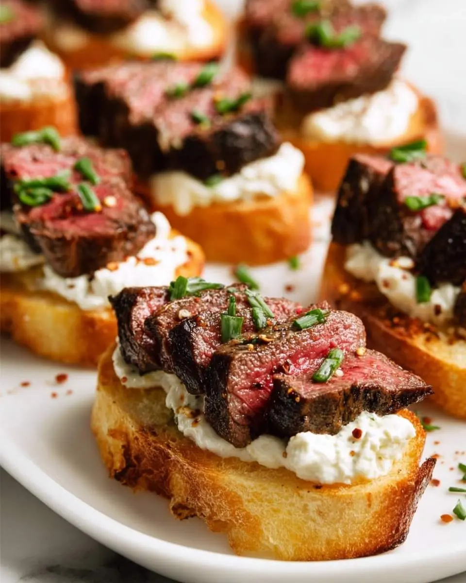 Burrata Steak Crostini Appetizers 4 Burrata Steak Crostini Appetizers with seared beef, creamy cheese, and fresh chives on toasted bread.