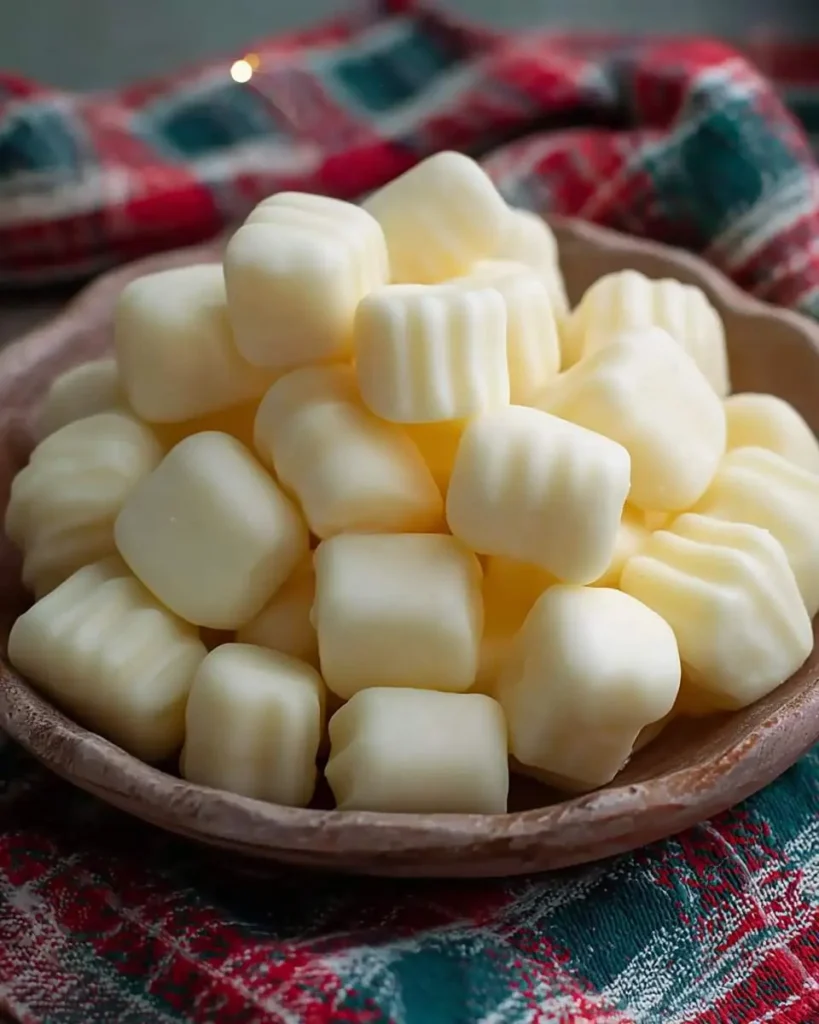 A wooden bowl filled with creamy butter mints on a red and green plaid fabric.