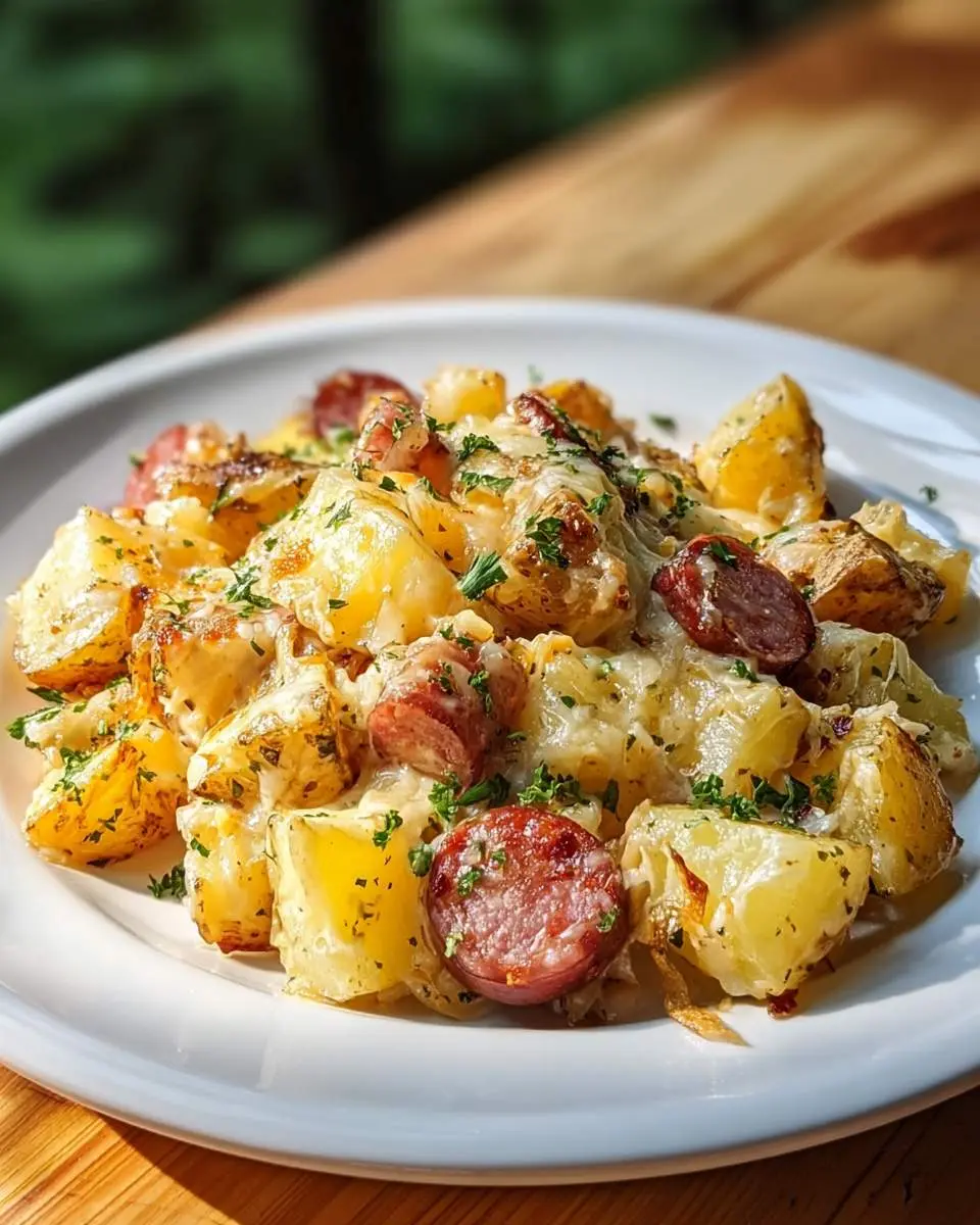 Cheesy Ranch Potatoes and Smoked Sausage 4 Cheesy Ranch Potatoes and Smoked Sausage served on a white plate, topped with melted cheese and fresh herbs.