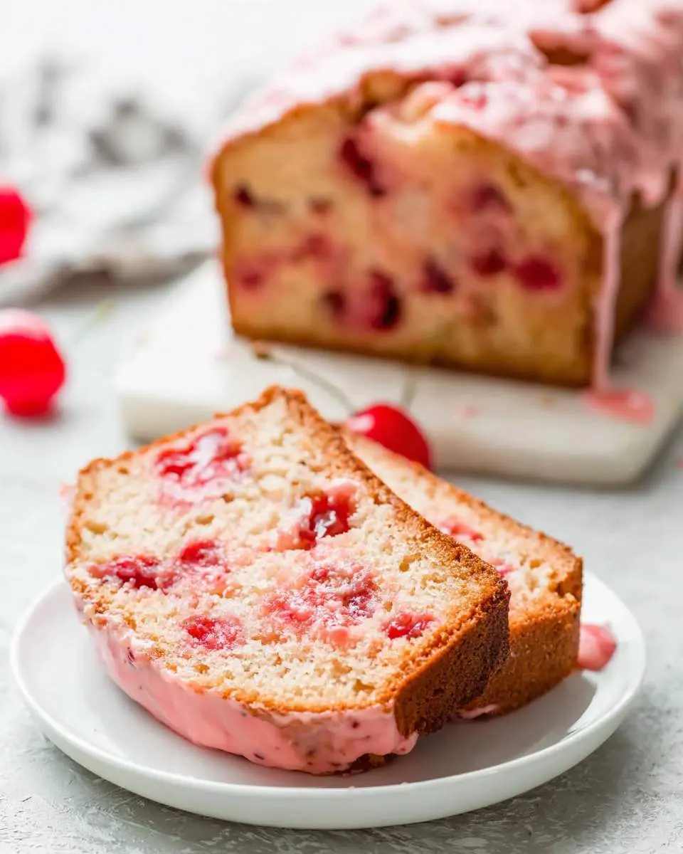 Cherry bread 2 Sliced cherry bread showing the tender crumb and studded cherries