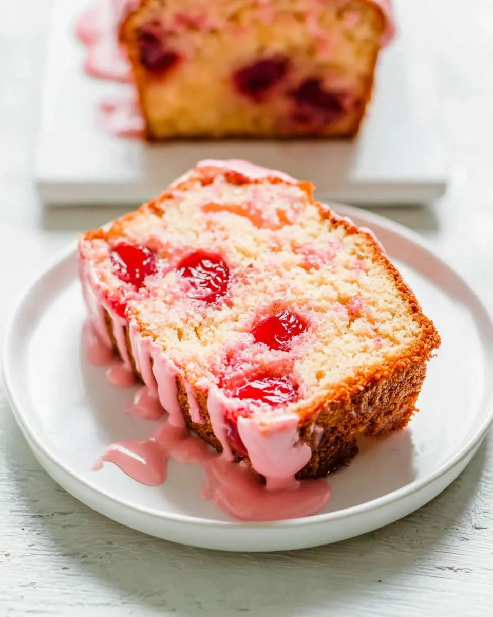 Cherry bread 4 A slice of glazed cherry bread with visible cherries sits on a white plate, with the loaf in the background.