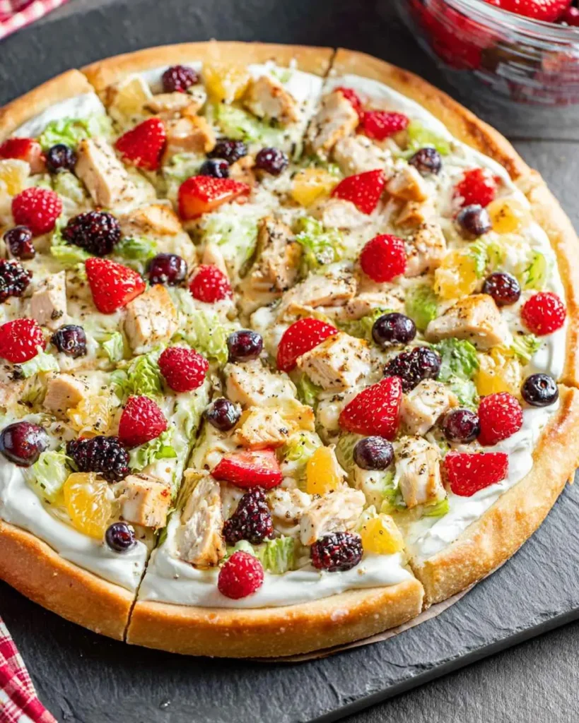 A Chicken Caesar Salad Pizza topped with grilled chicken, mixed berries, lettuce, and creamy dressing on a golden crust.