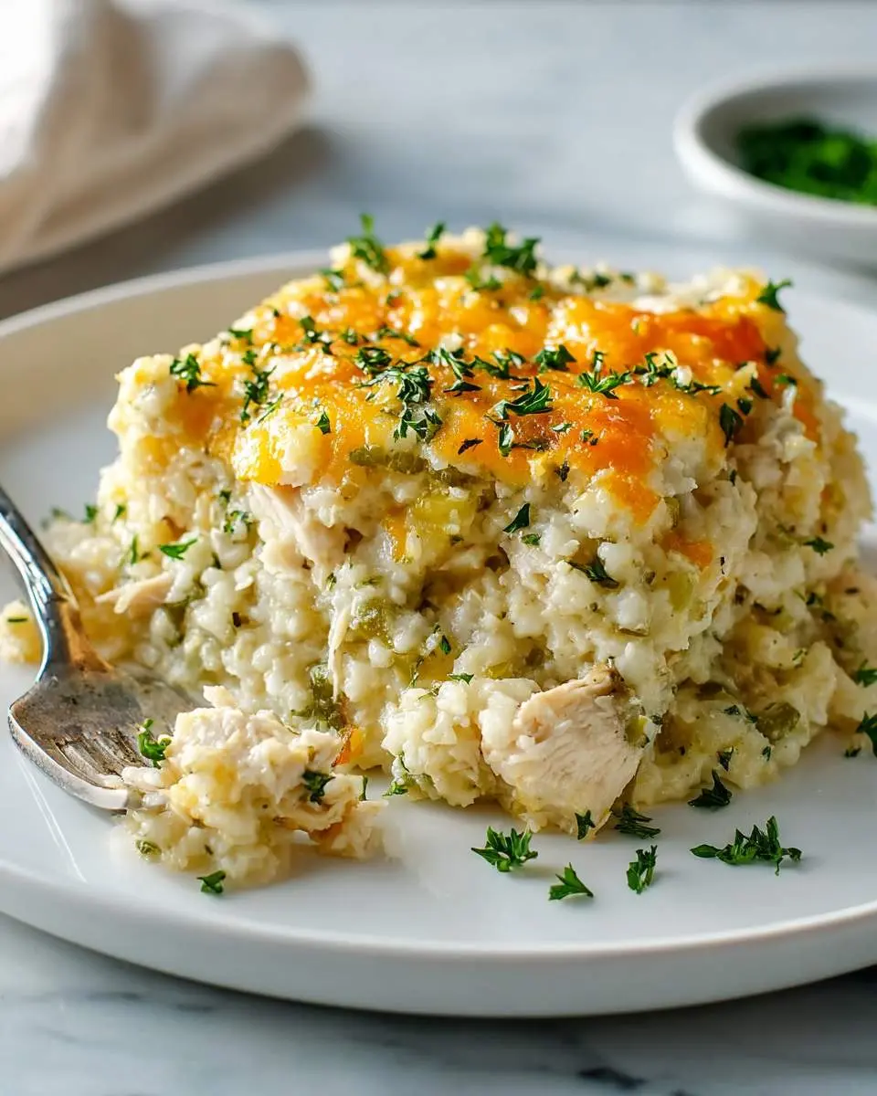 Chicken cauliflower rice casserole 4 A slice of cheesy chicken cauliflower rice casserole topped with melted cheddar and fresh herbs on a white plate.