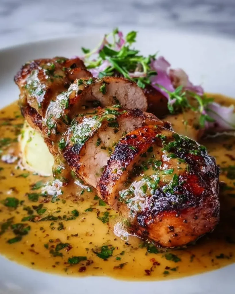 Sliced Chicken Christopher with herb butter sauce, mashed potatoes, and fresh garnish on a white plate.
