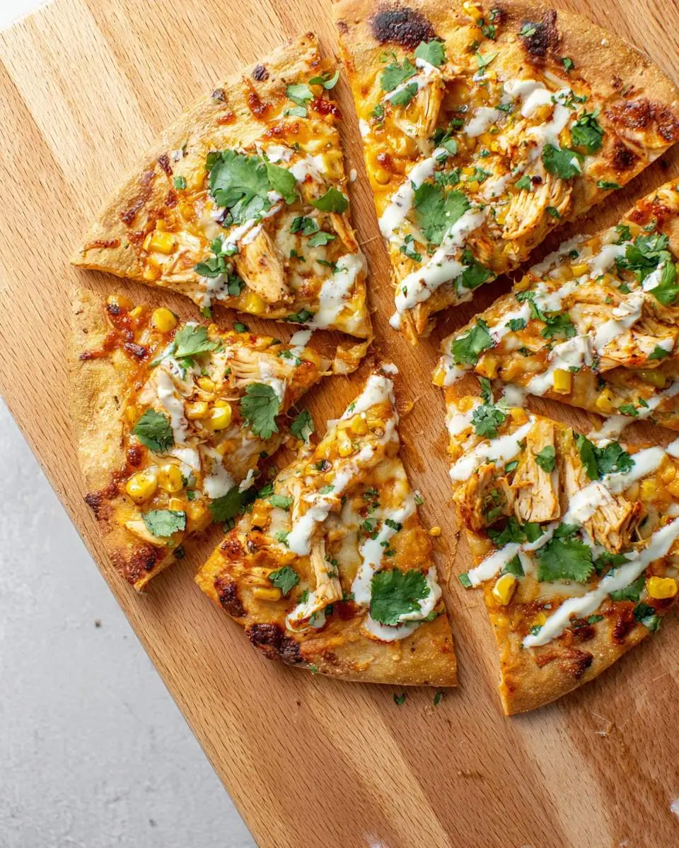 Chicken Enchilada Pizza 4 Sliced Chicken Enchilada Pizza topped with shredded chicken, corn, cilantro, and drizzled crema on a wooden board.