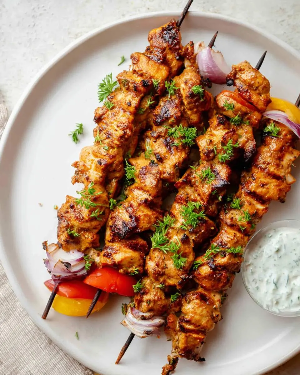 Chicken Skewer Marinade 4 Grilled chicken skewers with vegetables and tzatziki sauce, showcasing a flavorful Chicken Skewer Marinade.