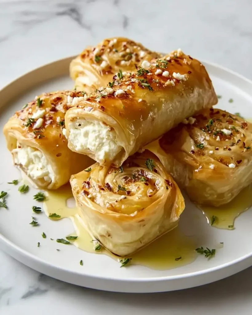 Golden Chili Honey Feta Rolls stacked on a white plate, drizzled with honey and garnished with herbs and chili flakes.