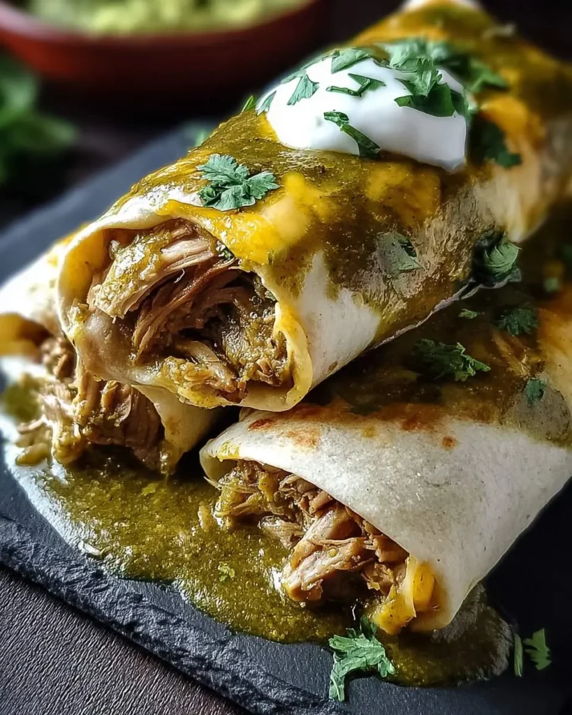 Two Chili Verde Burritos stacked on a black slate, topped with green sauce, melted cheese, sour cream, and fresh cilantro.
