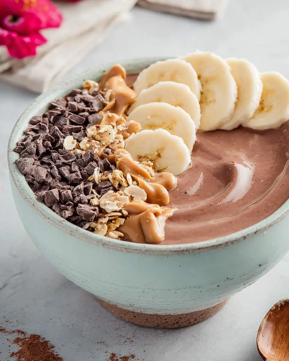 Chocolate Peanut Butter Smoothies Recipes Bowl topped with banana slices, chocolate chunks, granola, and peanut butter drizzle in a ceramic bowl.