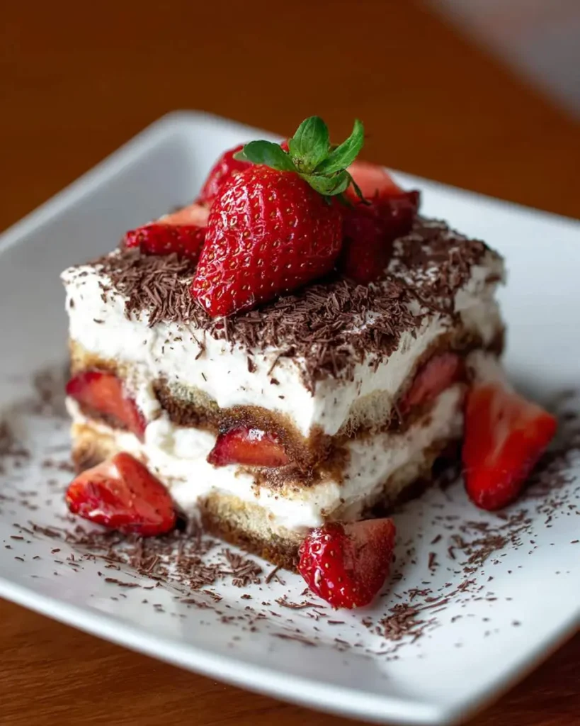 A slice of chocolate strawberry tiramisu topped with fresh strawberries and chocolate shavings on a white plate.