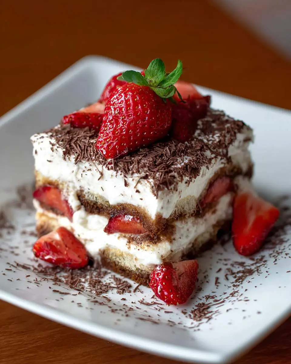 A slice of chocolate strawberry tiramisu topped with fresh strawberries and chocolate shavings on a white plate.