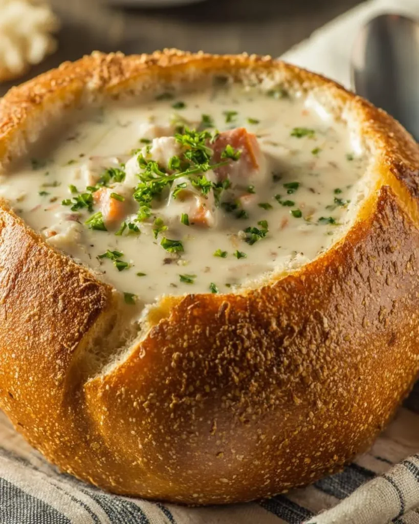Creamy clam chowder served in a toasted sourdough bread bowl, garnished with fresh parsley.