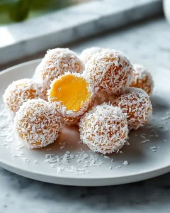 A plate of coconut mango bliss balls coated in shredded coconut, with one ball cut open to reveal a bright yellow mango center.