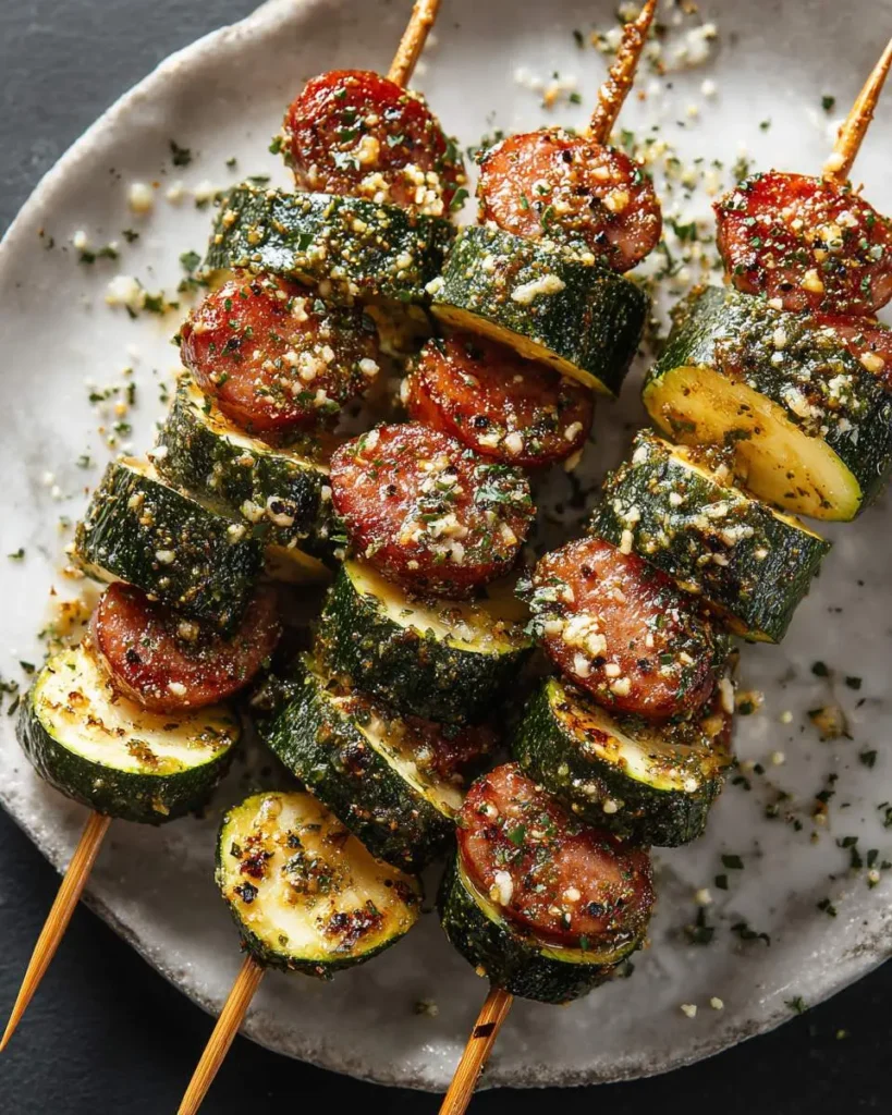 Grilled Cowboy Butter Kielbasa Skewers with zucchini slices, topped with herbs and garlic on a white plate.