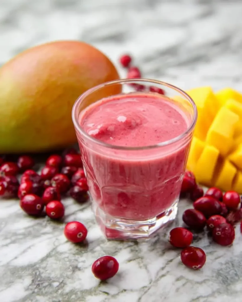 A glass of Cranberry Mango Smoothie surrounded by fresh cranberries and mango pieces on a marble surface.