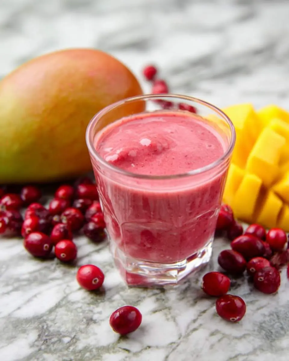 Cranberry Mango Smoothie 4 A glass of Cranberry Mango Smoothie surrounded by fresh cranberries and mango pieces on a marble surface.
