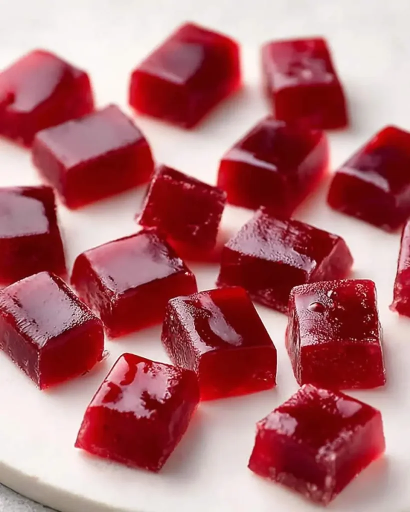 Glossy red Cranberry Pomegranate Caramels cut into small cubes arranged on a white surface.