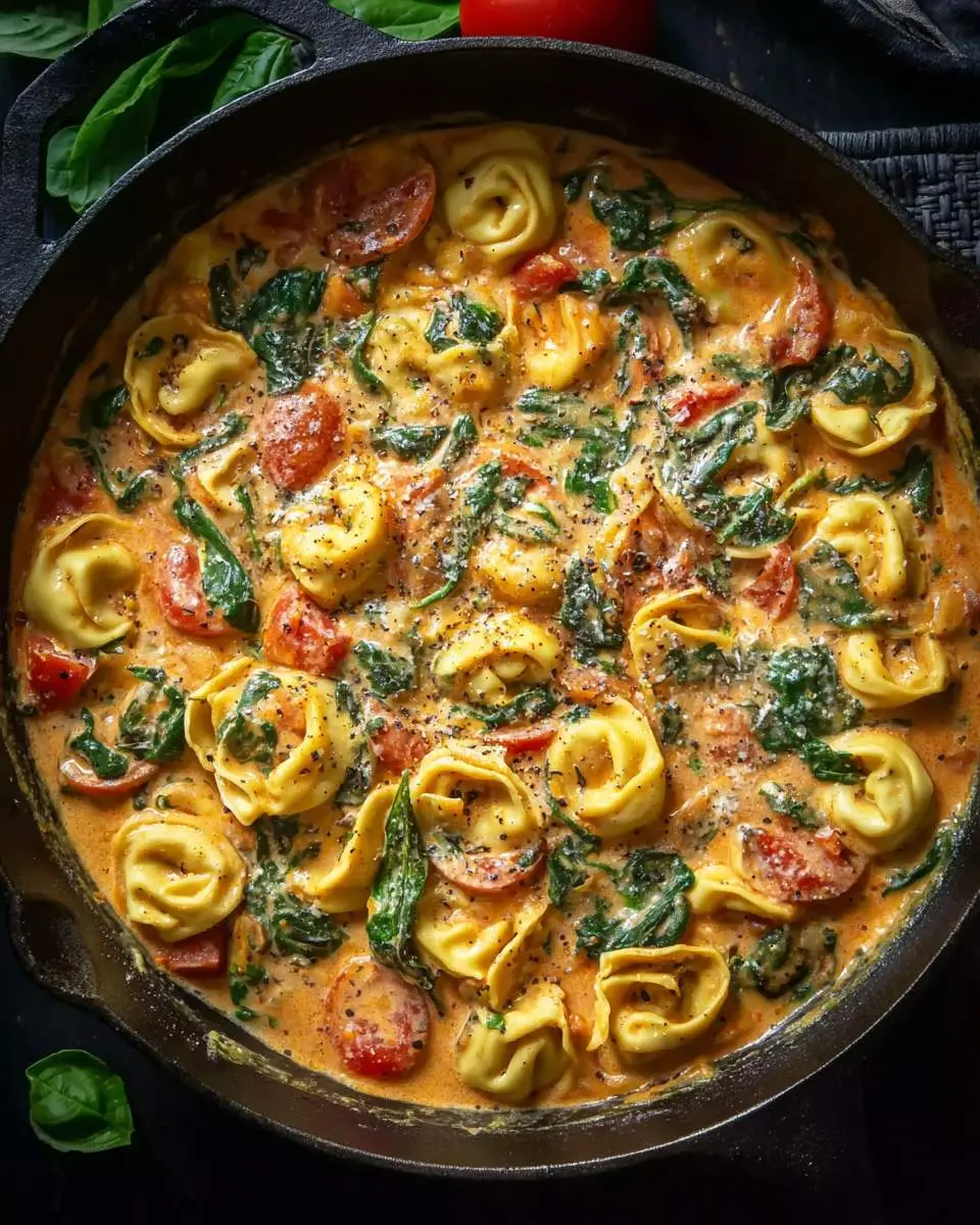 creamy spinach tomato tortellini 4 Creamy spinach tomato tortellini in a cast iron skillet, featuring cheese-filled pasta in a rich sauce with wilted greens and roasted tomatoes.